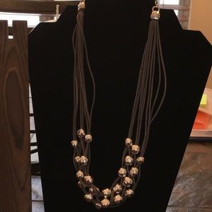Grey cord and silvertone bead necklace
